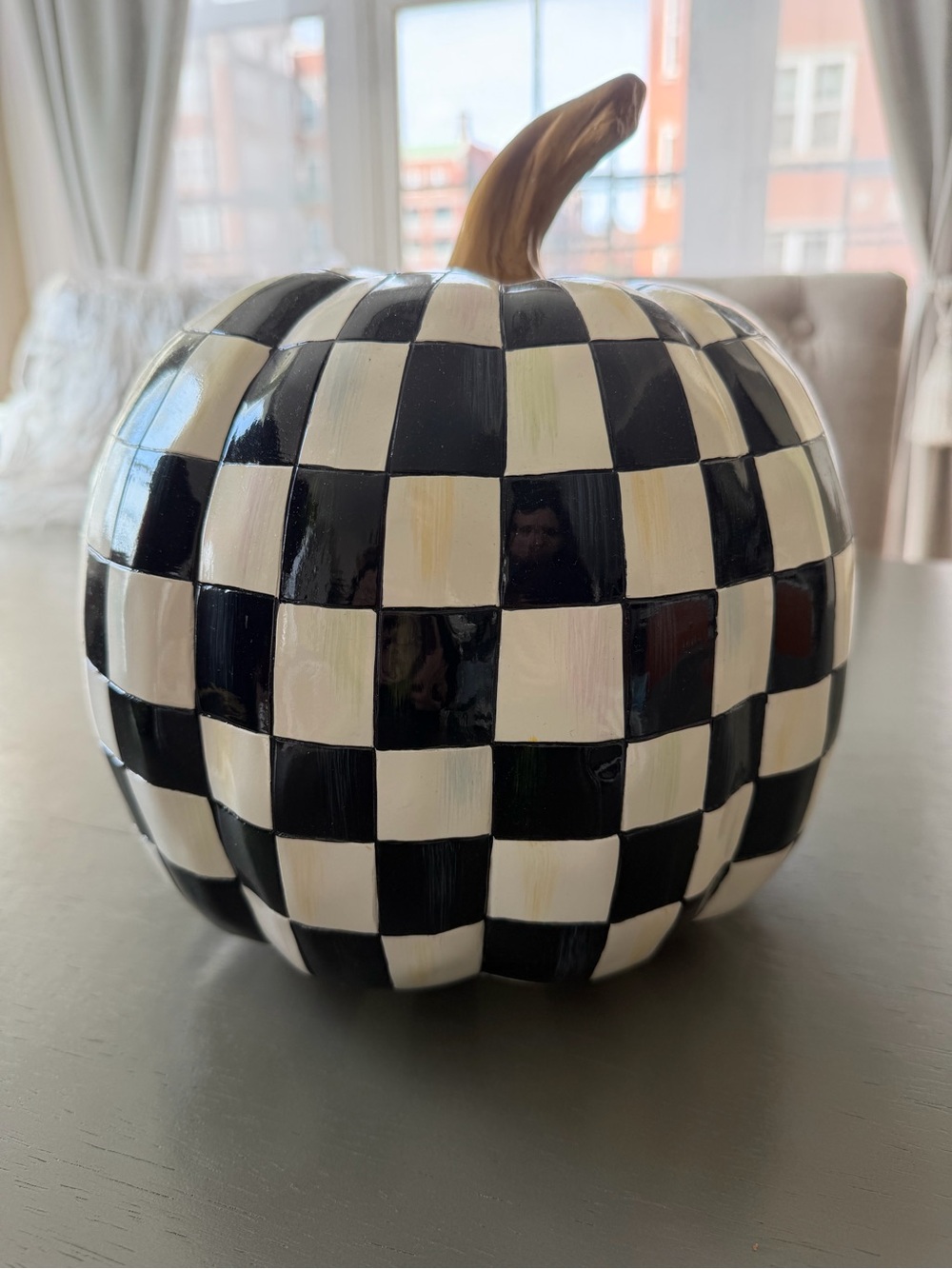 Mackenzie Childs Jack O Lantern Light Up Courtly Check Pumpkin - Picture 2 of 4
